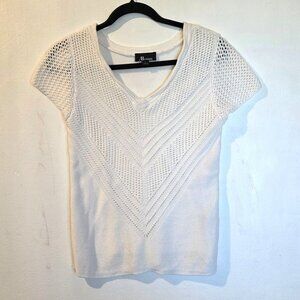 AB Studio Womens White Short Sleeve Knit Sweater Top Large White Casual Preppy